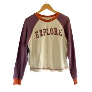 Cleo + Wolf Explore Raglan Graphic Sweatshirt Ivory Purple Orange CLFA22K67 M
